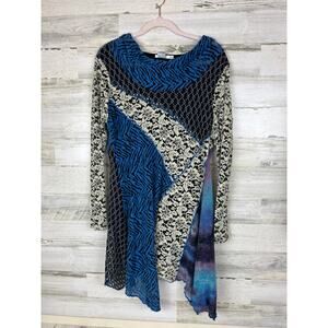 Feratelli Womens XL Black Blue Patchwork Lace Long Sleeve Boho Tunic Top Blouse